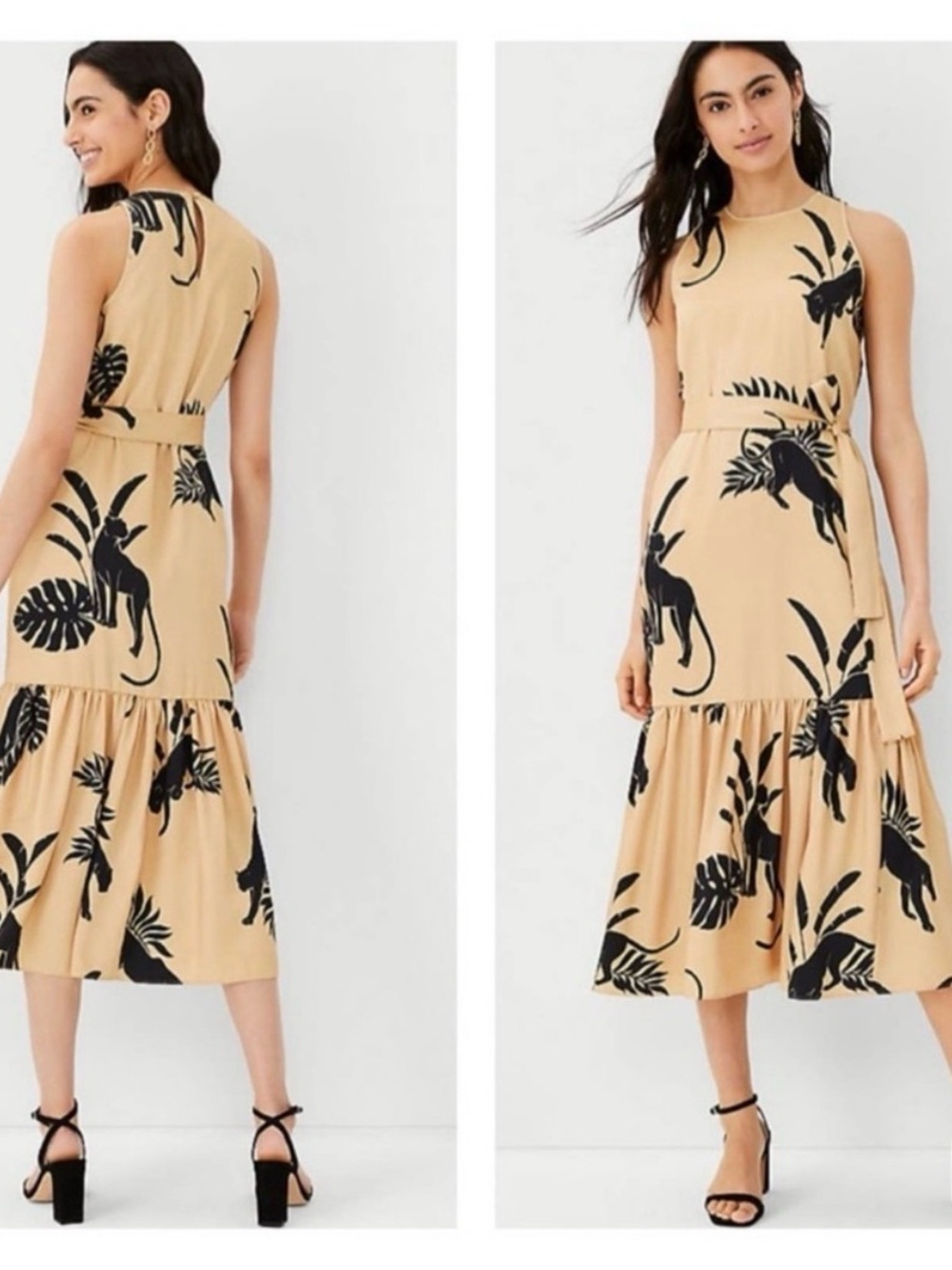 Ann Taylor Beige Maxi Dress with Black Tropical Print